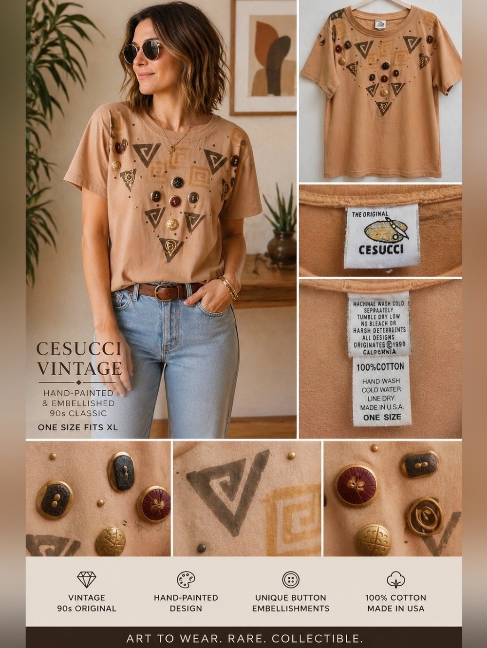 Vintage 90s Cesucci Hand Painted Embellished Tee Tan Brown Geometric Art Shirt